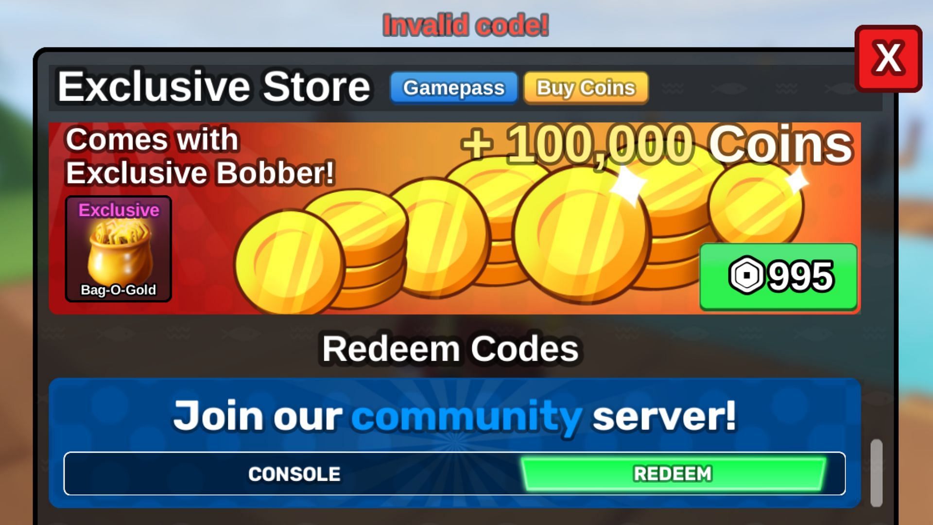 The "Invalid code!" error in Fish It (Image via Roblox)